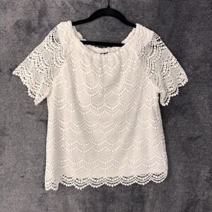 Talbots‎ Petites Lace Blouse Women's MP Cream Crochet Top Lined Short Sleeve